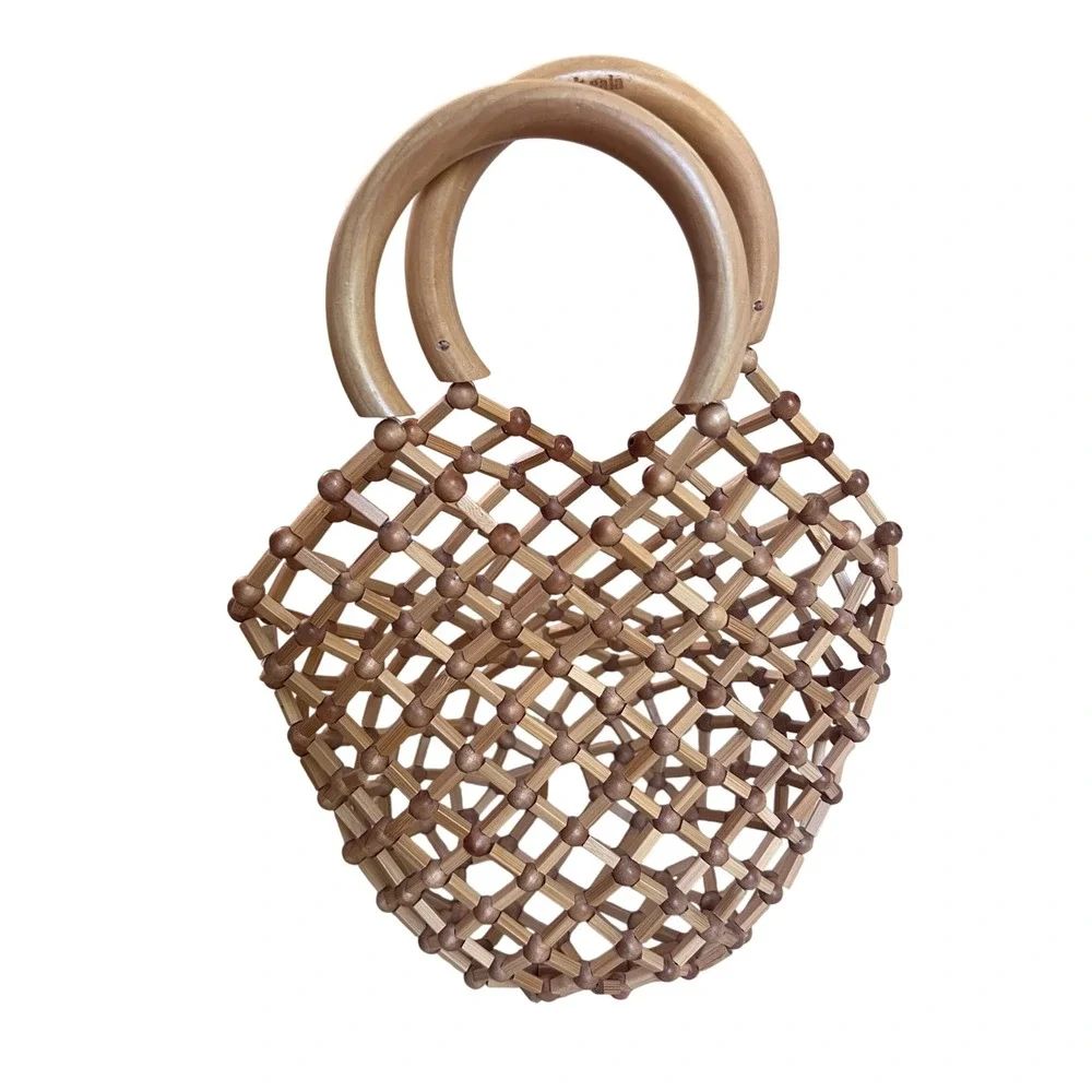 Cult Gaia Emmie Net Tote Bag Natural Bamboo Beaded Lattice Summer Handbag